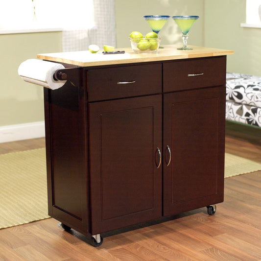 43-inch W Portable Kitchen Island Cart with Natural Wood Top in Espresso in a kitchen setting, featuring storage and a sleek design.