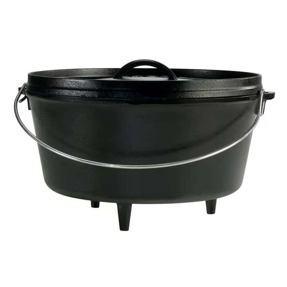 8-Quart Deep Seasoned Cast Iron Dutch Oven with Lid and Metal Handle featuring integral legs for outdoor cooking