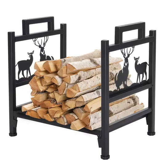 1.5 Ft. Black Metal Firewood Log Rack with Deer Pattern holding wood logs