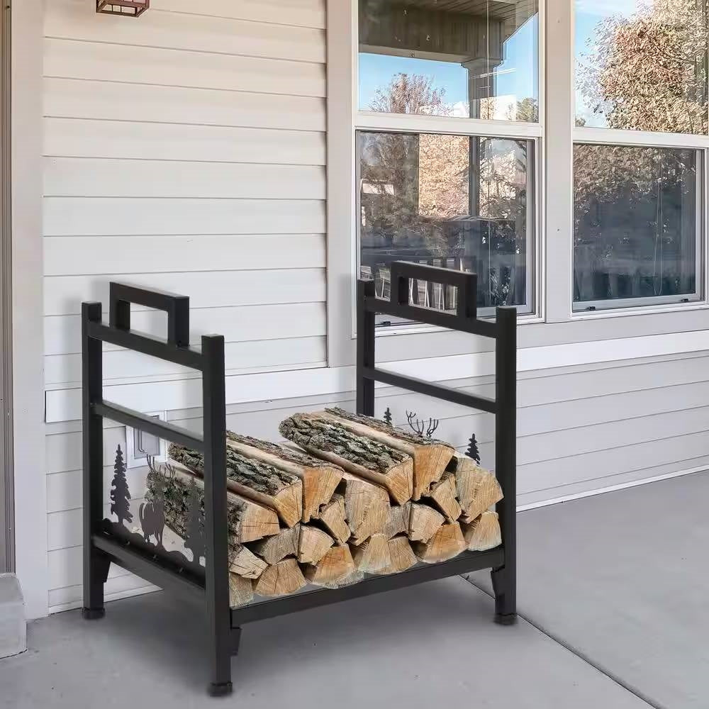 1.5 Ft. Black Metal Firewood Log Rack with Deer Pattern holding firewood outdoors by a house wall.