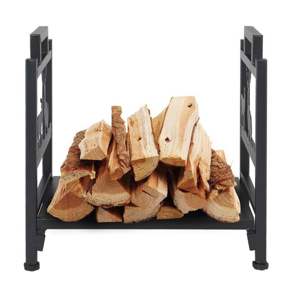 1.5 Ft. Black Metal Firewood Log Rack with Deer Pattern holding firewood, perfect for outdoor or indoor storage.