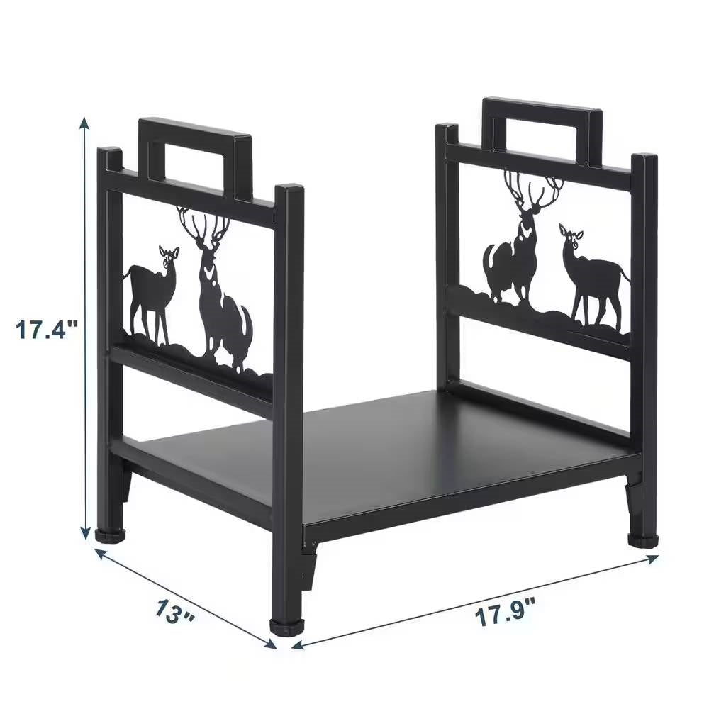1.5 Ft. Black Metal Firewood Log Rack with Deer Pattern, featuring sturdy steel construction and decorative deer design.