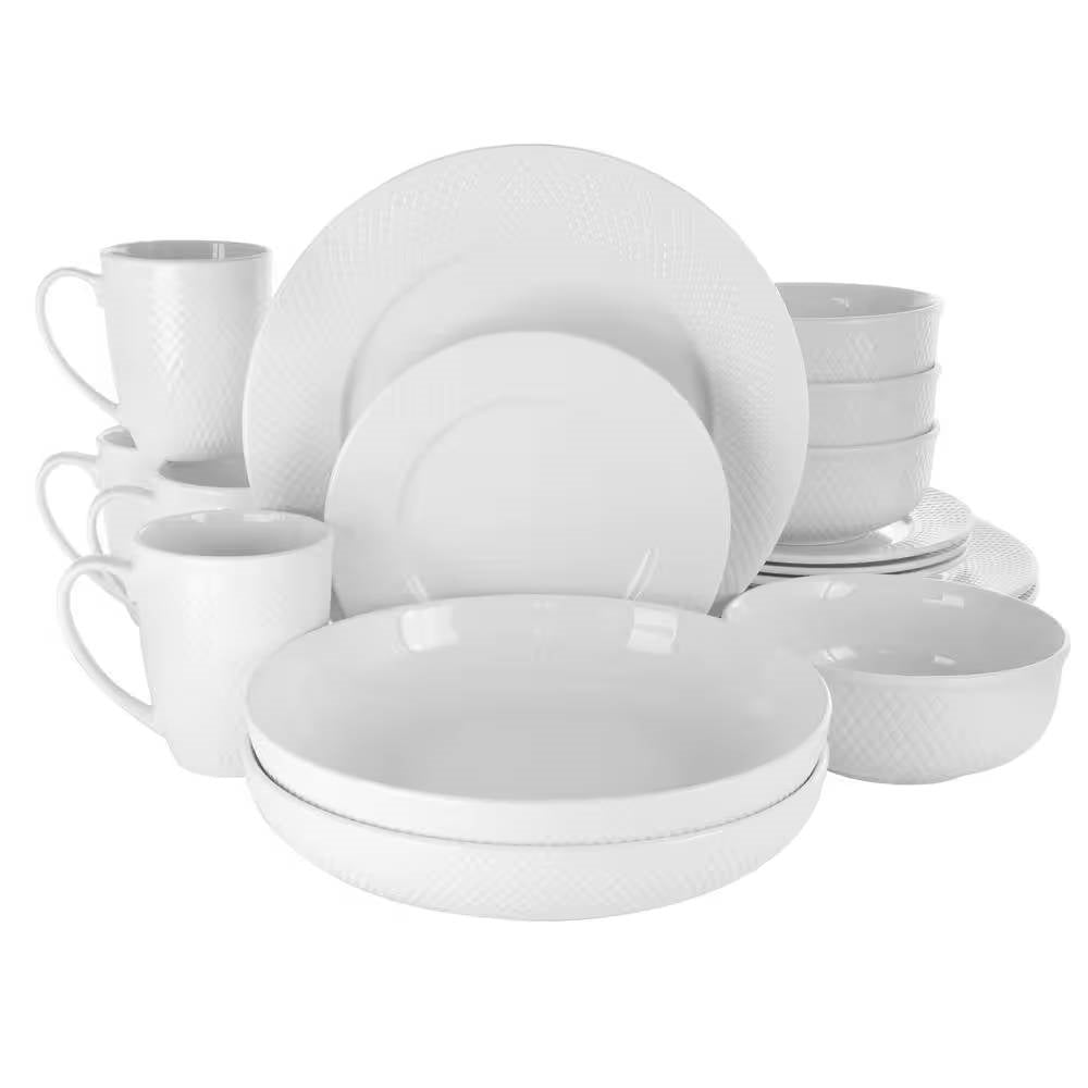 18-Piece White Porcelain Dinnerware Set with Plates Bowls Mugs - Service for 4, featuring embossed diamond pattern