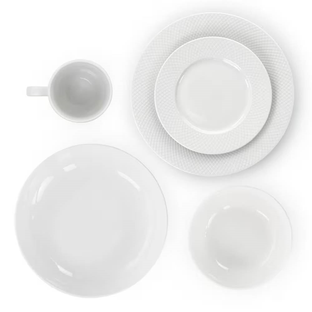 18-Piece White Porcelain Dinnerware Set with Plates Bowls Mugs - Service for 4, featuring embossed diamond pattern on each piece.
