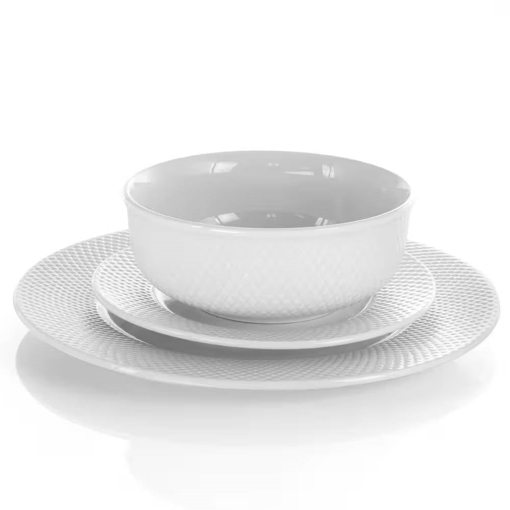 18-Piece White Porcelain Dinnerware Set with Plates Bowls Mugs - Service for 4 displaying embossed diamond pattern