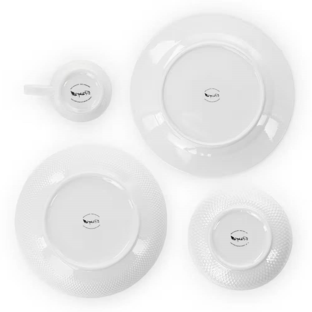 18-Piece White Porcelain Dinnerware Set with Plates Bowls Mugs - Service for 4 displayed with elegant embossed diamond pattern