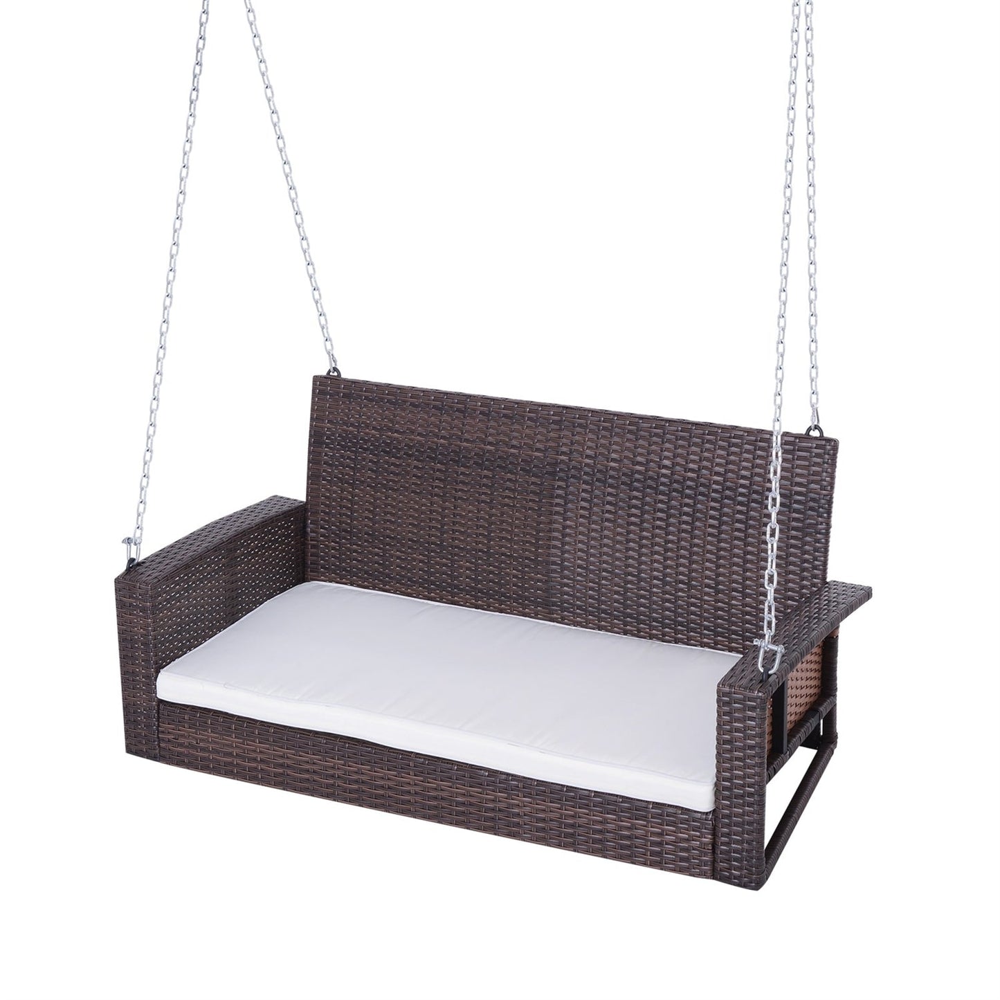 Espresso Wicker Porch Swing 7ft Hanging Chain with Cream Padded Cushion, outdoor furniture with Southern charm.