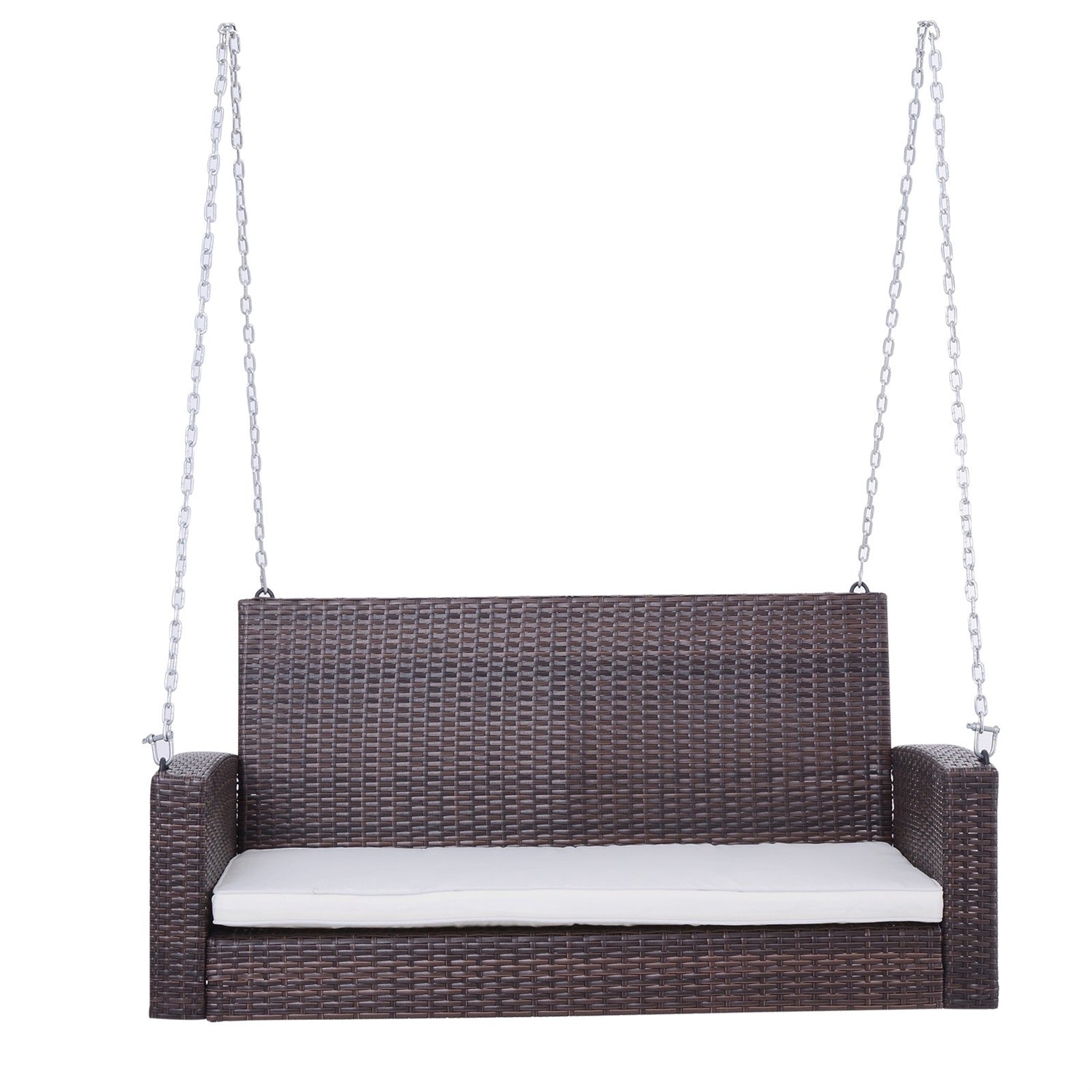 Espresso Wicker Porch Swing 7ft Hanging Chain with Cream Padded Cushion for two people