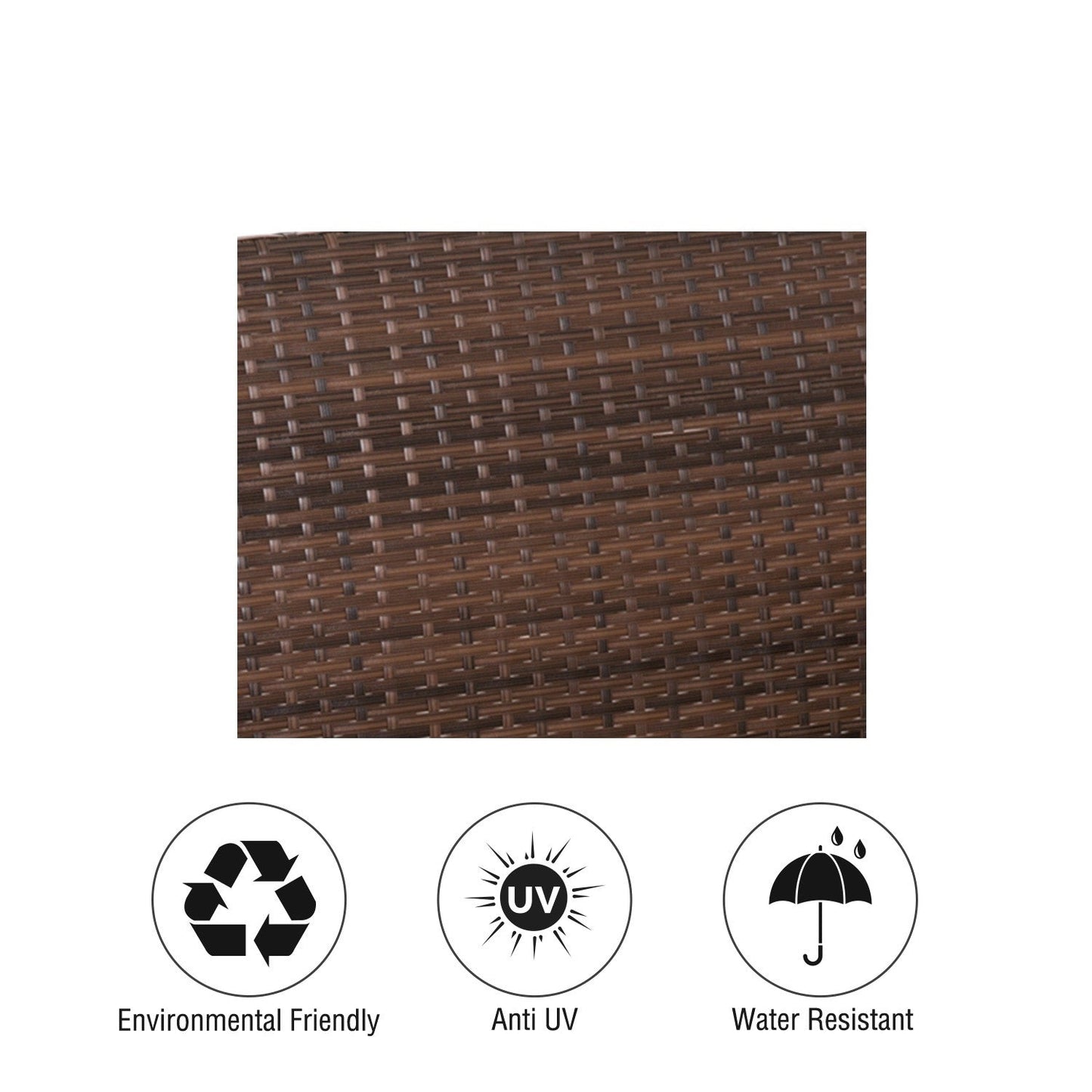 Close-up of espresso wicker material highlighting environmental friendliness, UV protection, and water resistance features.