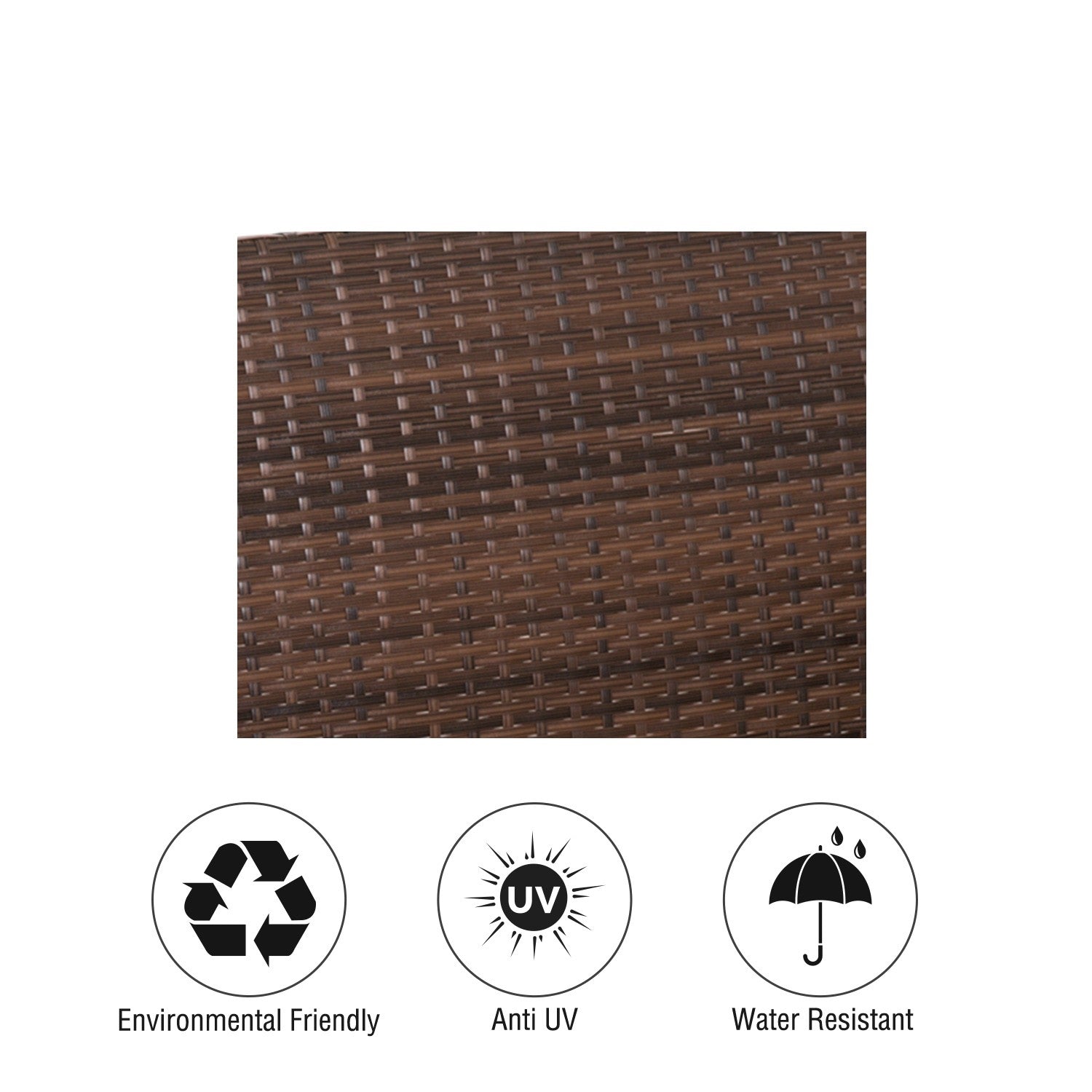 Close-up of espresso wicker material highlighting environmental friendliness, UV protection, and water resistance features.