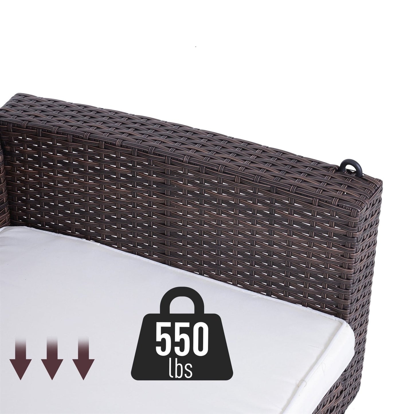 Close-up of Espresso Wicker Porch Swing 7ft Hanging Chain with Cream Padded Cushion showing 550 lbs weight capacity.