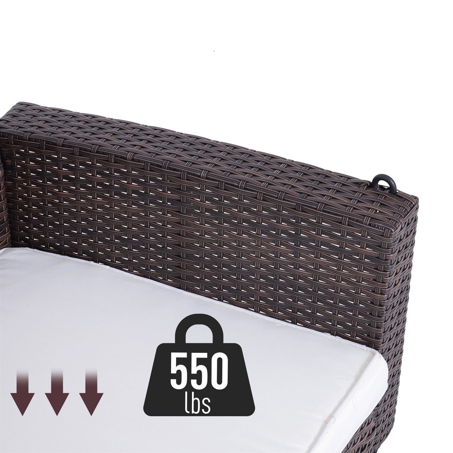 Close-up of Espresso Wicker Porch Swing 7ft Hanging Chain with Cream Padded Cushion showing 550 lbs weight capacity.