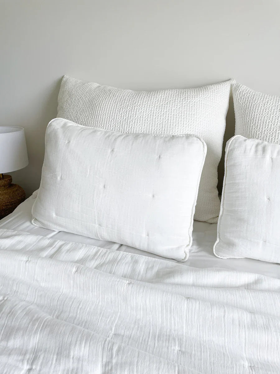 Easy Cotton Gauze Quilt & Pillow Set in beige and white on bed, lightweight for summer nights