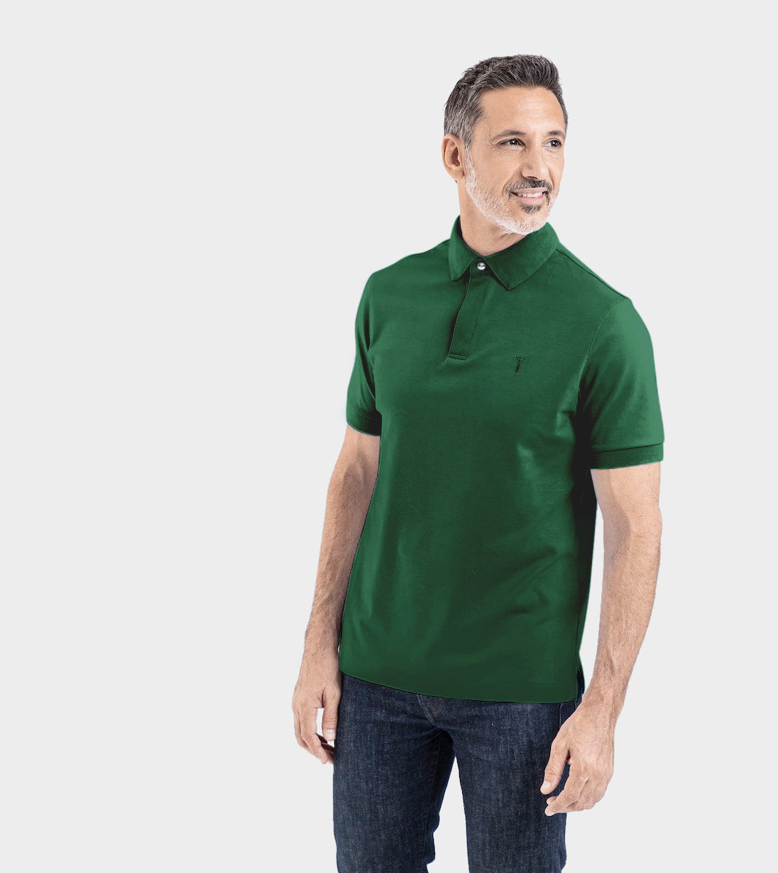 Man wearing the Short Sleeve Perfect Polo in green, featuring StaySharp™ Collar and tailored modern fit for timeless style and ease.
