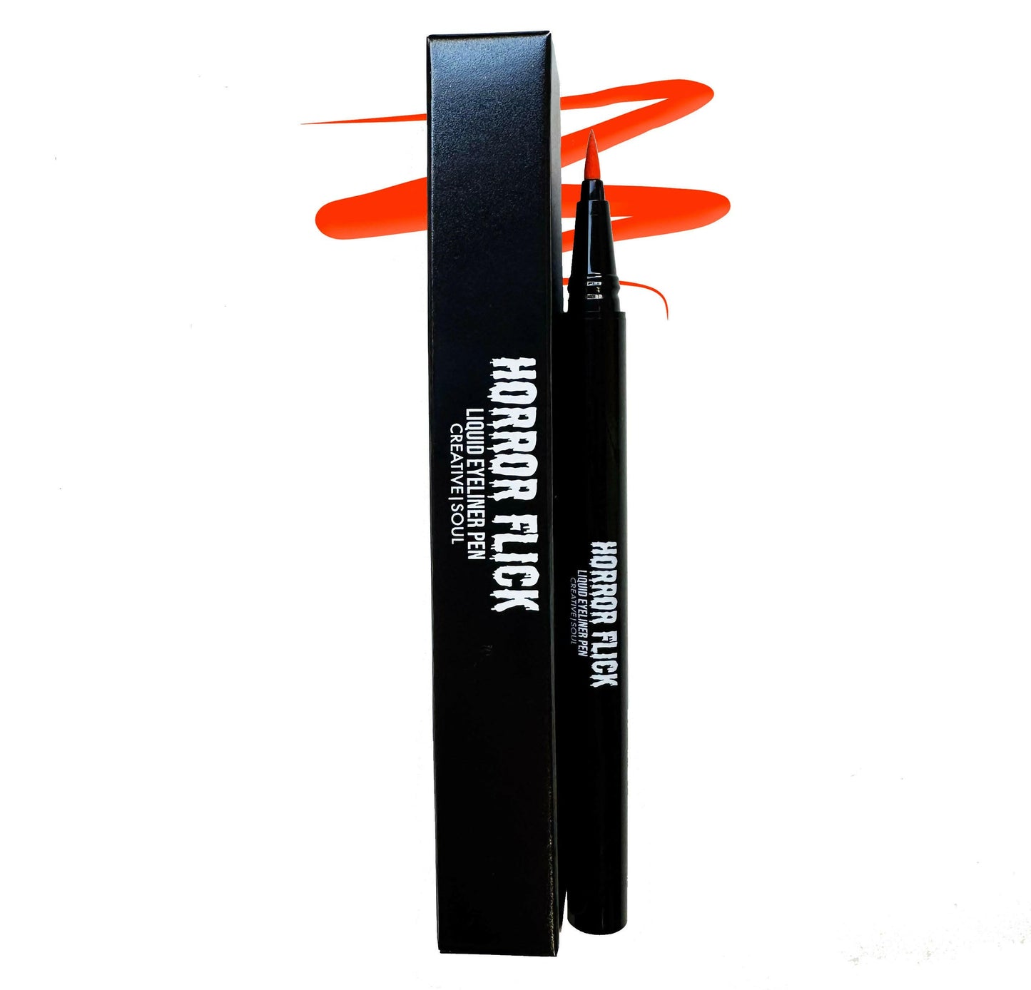Ember Horror Flick Liquid Eyeliner Pen with pumpkin orange shade and precision brush tip for smudge-proof, long-lasting wear.