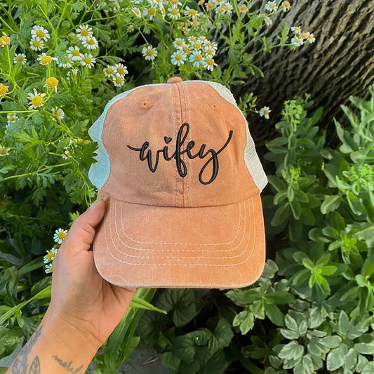 Embroidered Wifey/Hubby Pigment-Dyed Trucker Hat – Anniversary Gift Cap