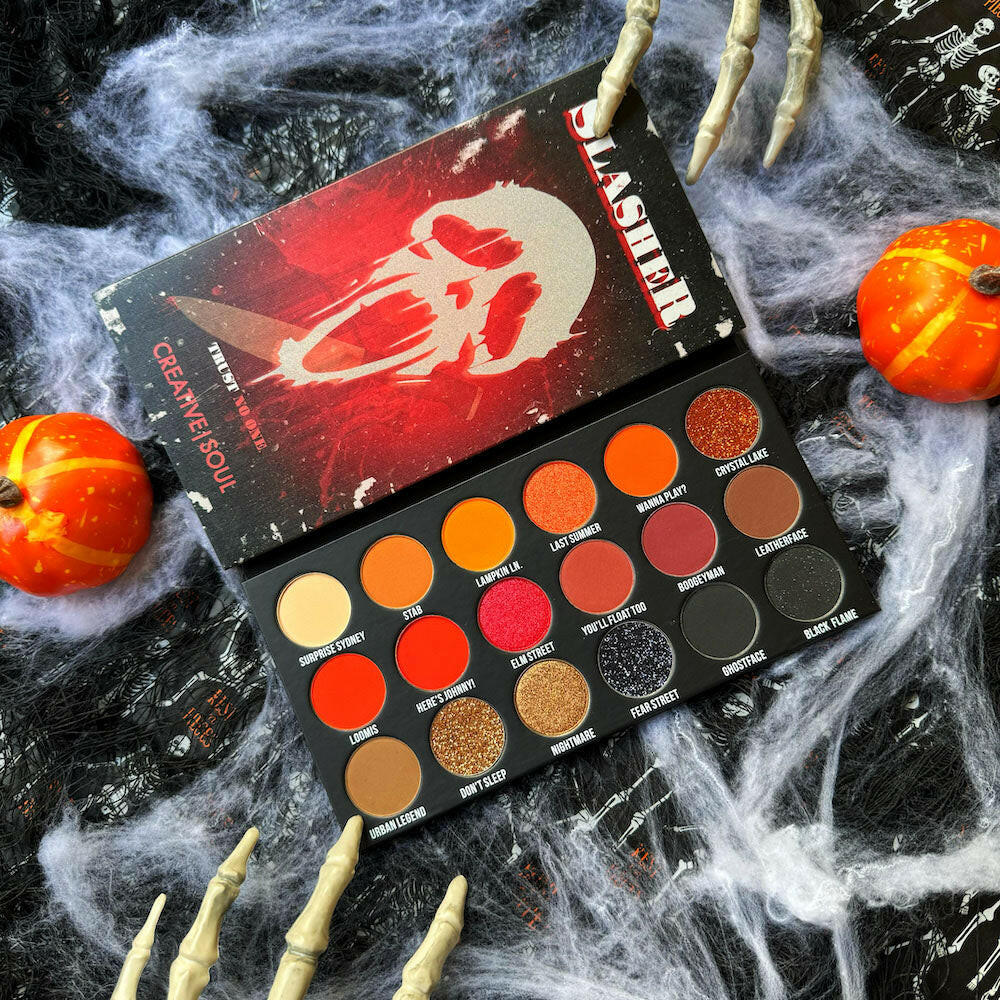 Slasher Eyeshadow Palette inspired by 90s VHS horror films with vibrant colors, packaging featuring a spooky skull design.