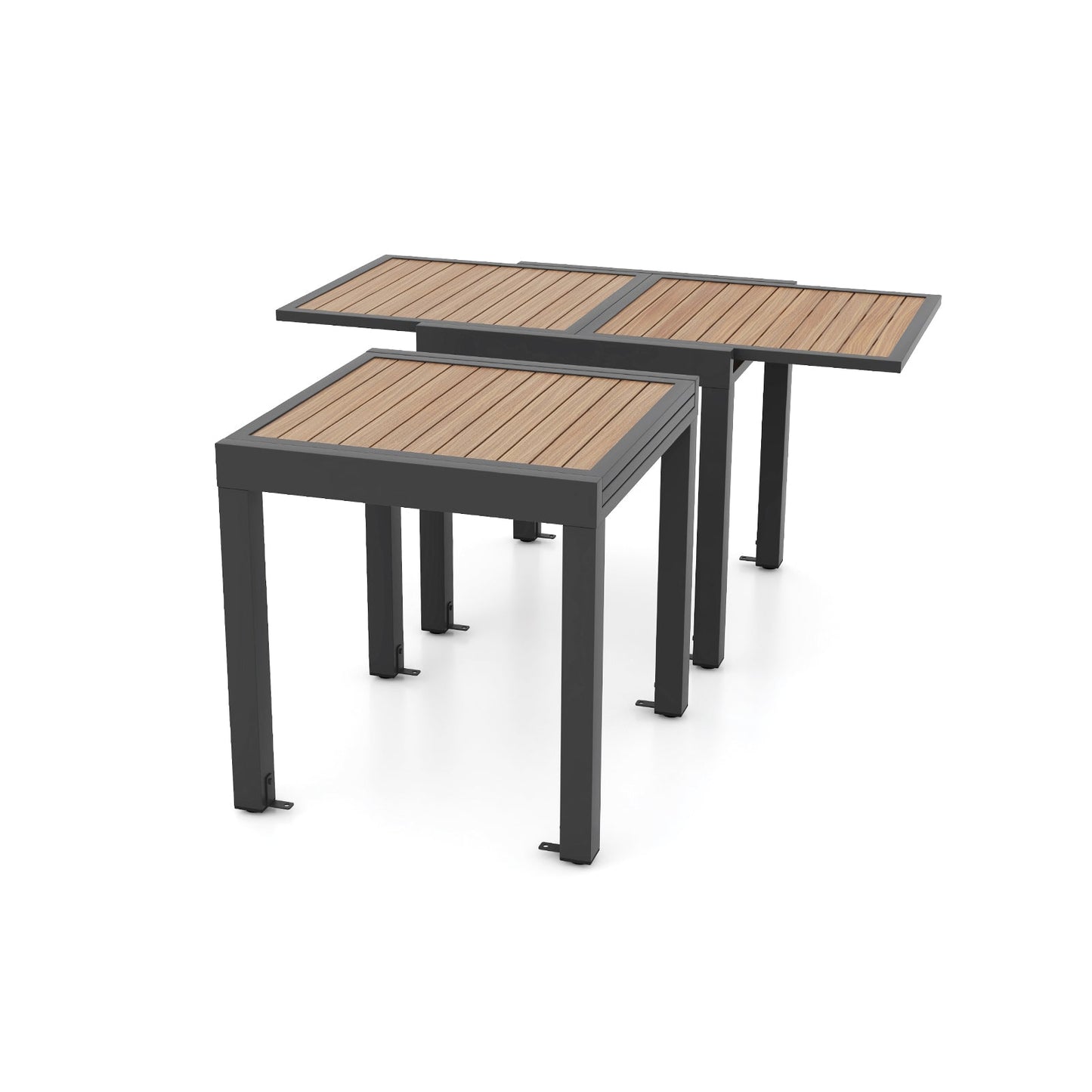 31.5-63 Inches Extendable Patio Table for 4-6 People-Natural, modern slatted top, aluminum, wood-like texture, extends easily.