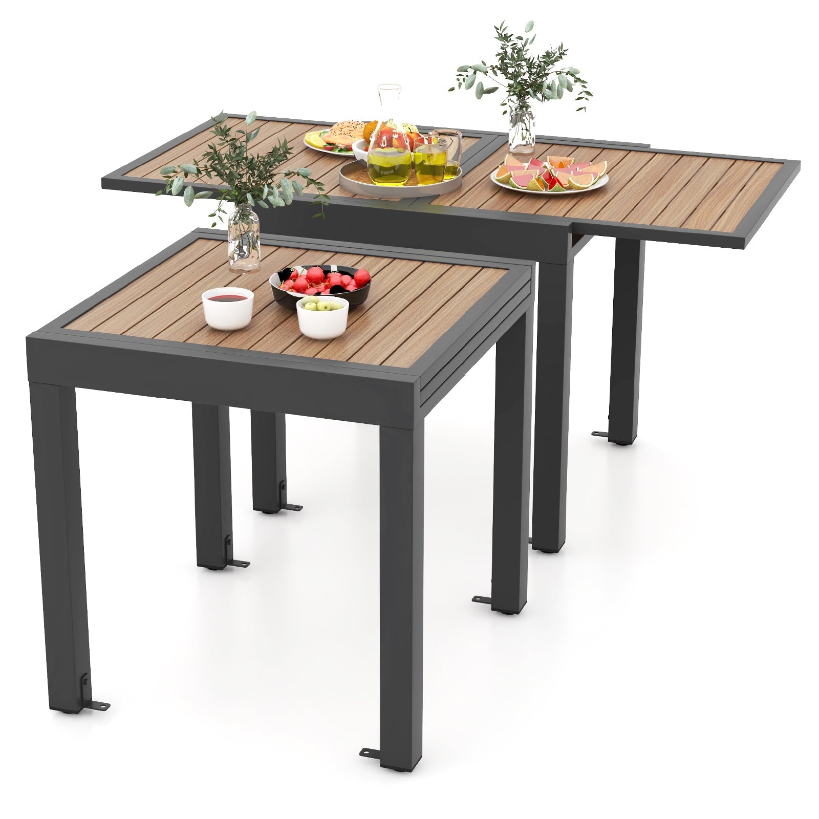 31.5-63 Inches Extendable Patio Table for 4-6 People-Natural with wood-like top, showing extendable feature and stability.