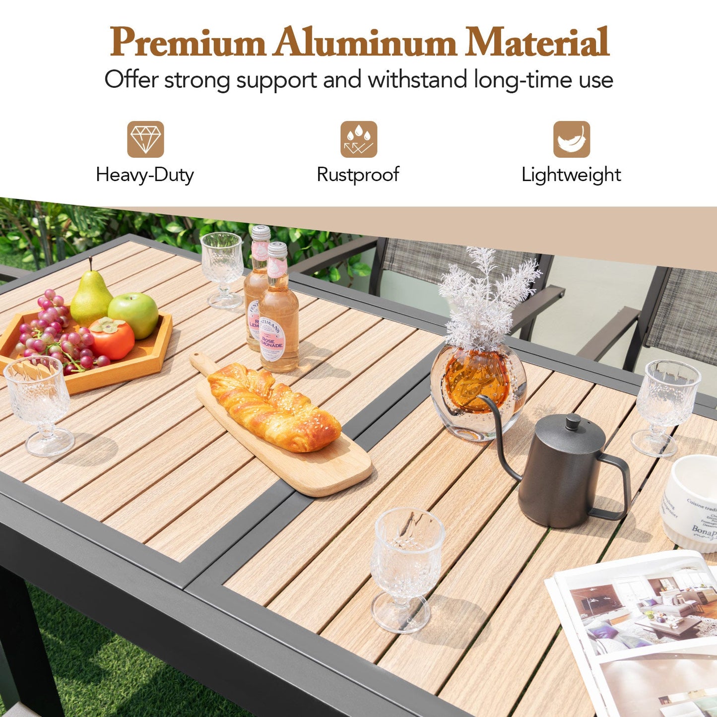 31.5-63 Inches Extendable Patio Table for 4-6 People-Natural with modern slatted top and premium aluminum material