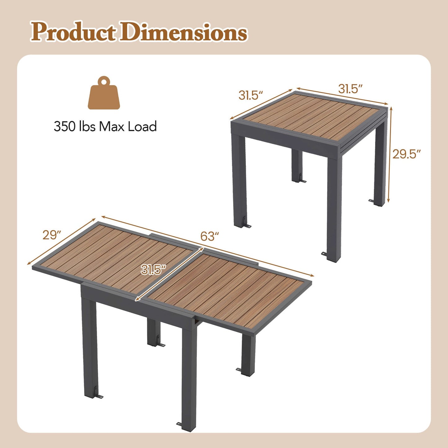 31.5-63 Inches Extendable Patio Table for 4-6 People-Natural with dimensions, weight limit shown.