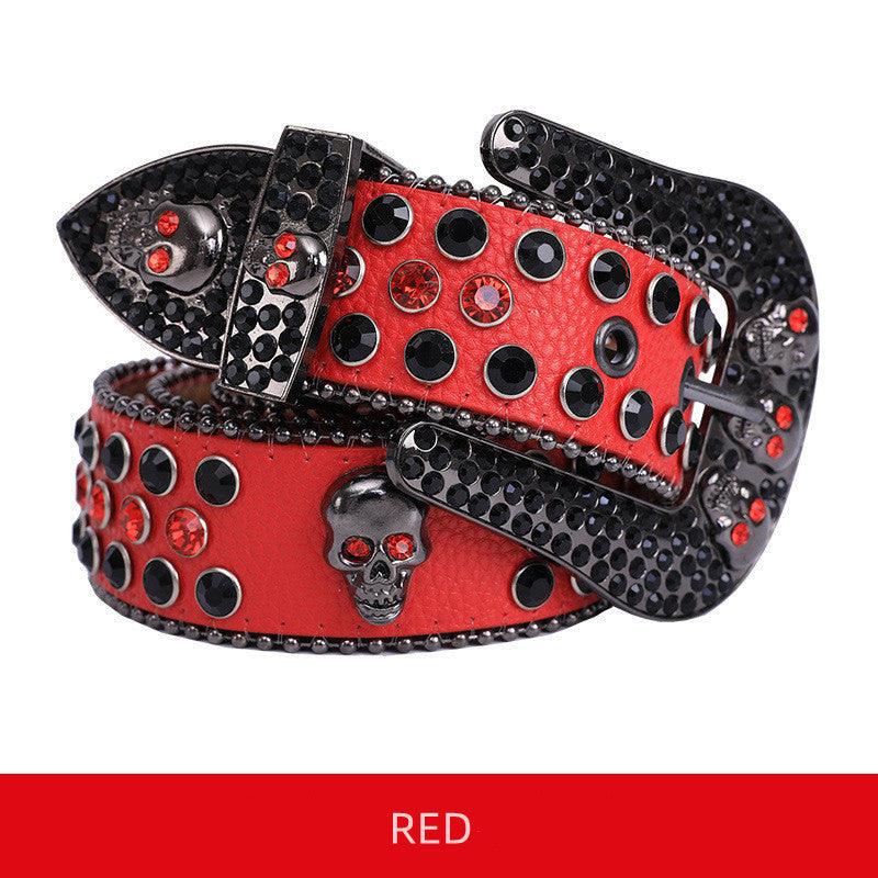 Skullduggery Western Rhinestone Belt | Punk Rock Skull Studded Fashion Belt in red with black rhinestones and skull motifs.