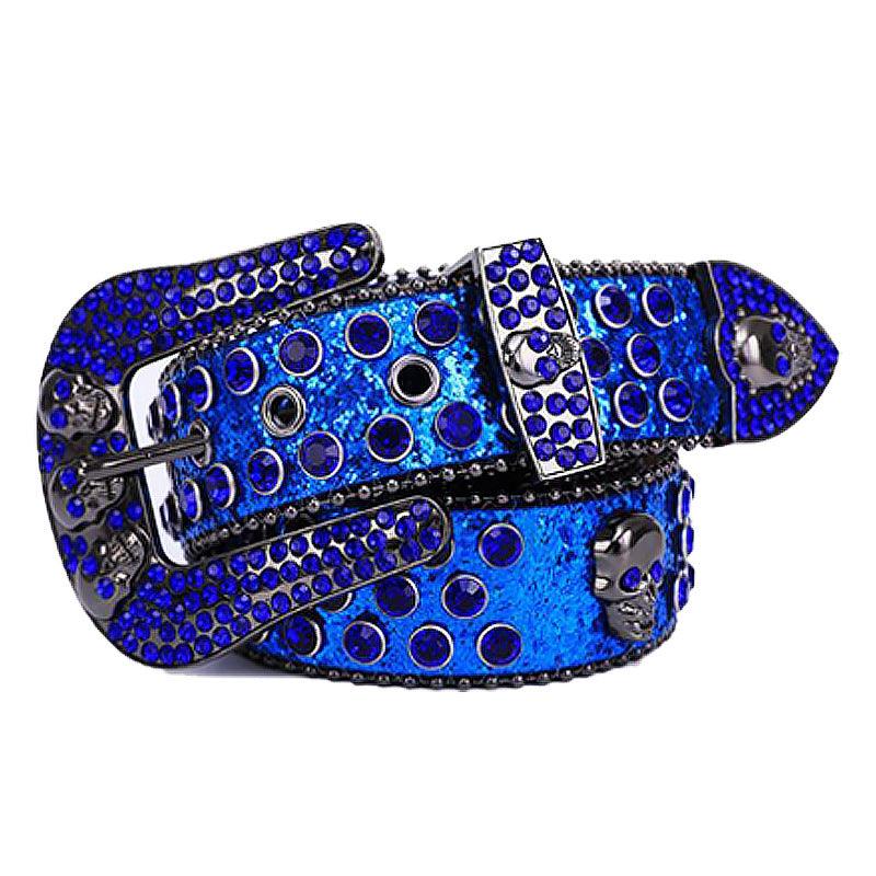 Skullduggery Western Rhinestone Belt | Punk Rock Skull Studded Fashion Belt in Blue with Crystal Embellishments and Skull Motifs