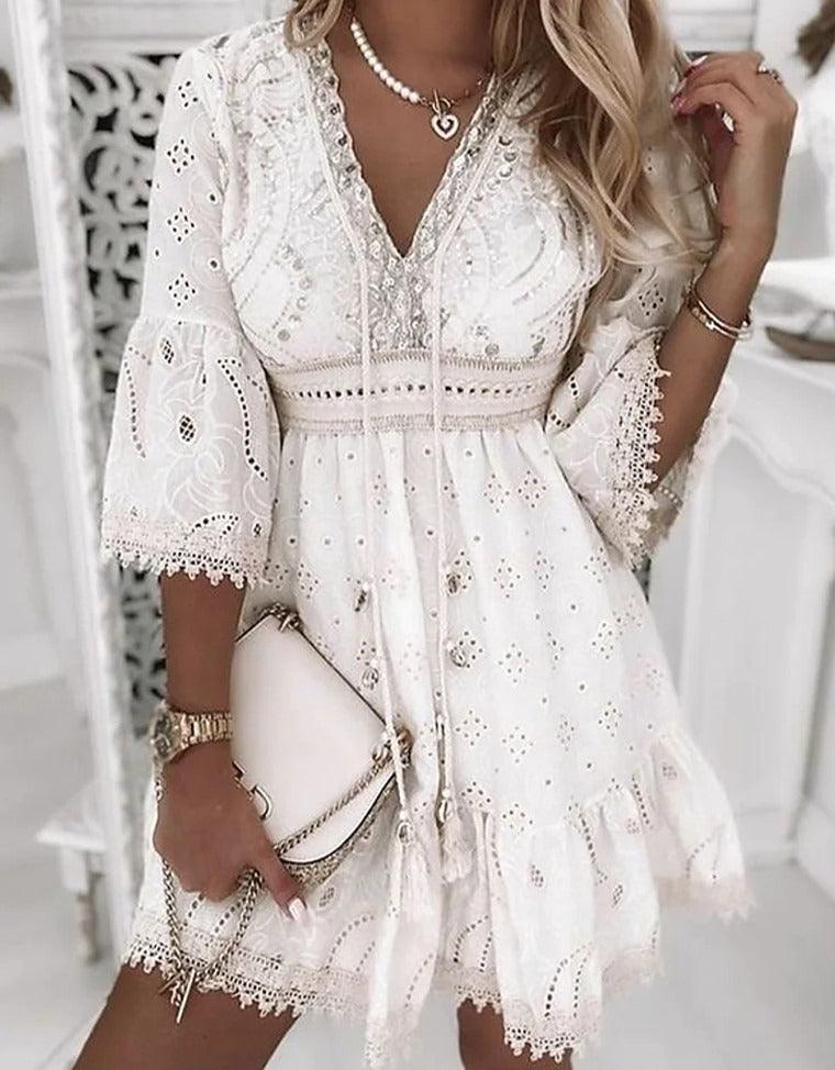 Lace Embroidered Romance Dress - Sweet and Fresh Floral Cotton Dress for Women with delicate floral embroidery and tassel details.