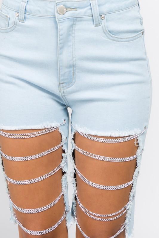Cutoff Bermuda Shorts with Chains - Country Girl Denim Shorts for Summer & Spring, featuring chain details on light denim.