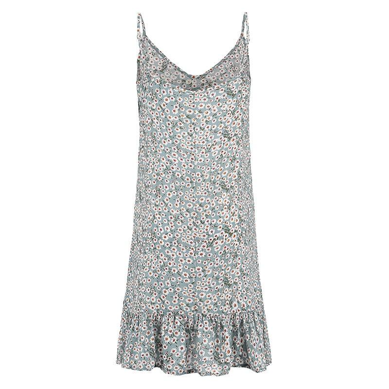 Floral Print Summer Dress Spaghetti Strap Mini Dress Ruffled in front of a white background.