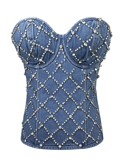 Rhinestone Cowgirl Denim Vest with sparkling rhinestone design on premium cotton denim for a bold Western look