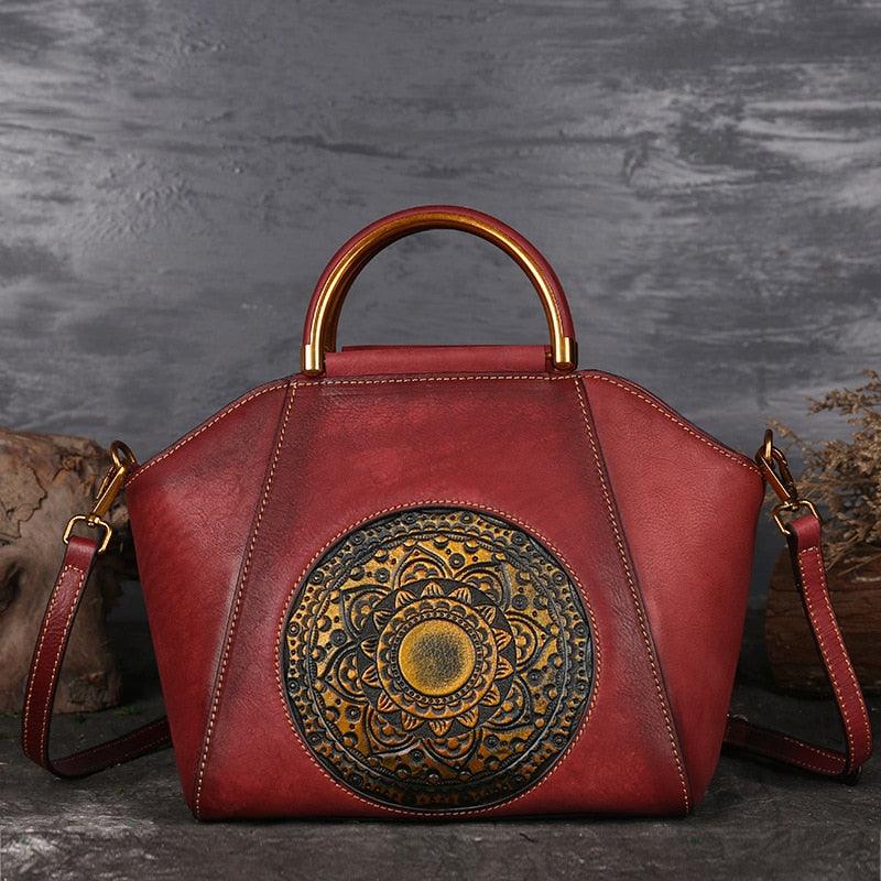 Mandala Embossed Leather Shoulder Bag with handcrafted mandala design on genuine cowhide leather, elegant and durable fashion statement.
