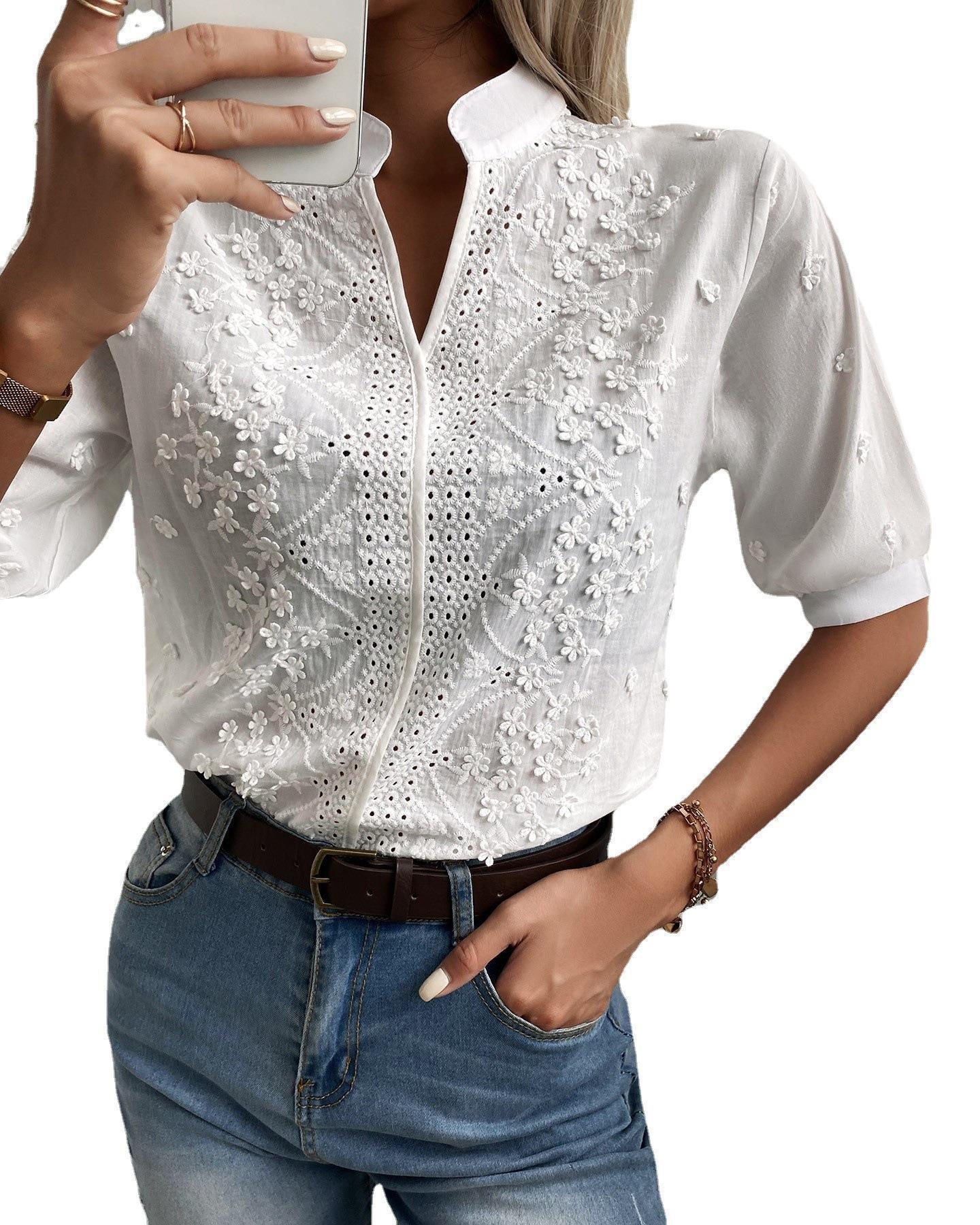 French Lace Embroidered Top - Stylish Stand Up Collar Top for Trendy Women in Acadia White with floral embroidery.