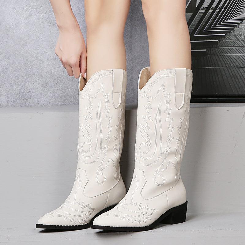 White Classic Cowboy Boots for Women with detailed stitching and low heel