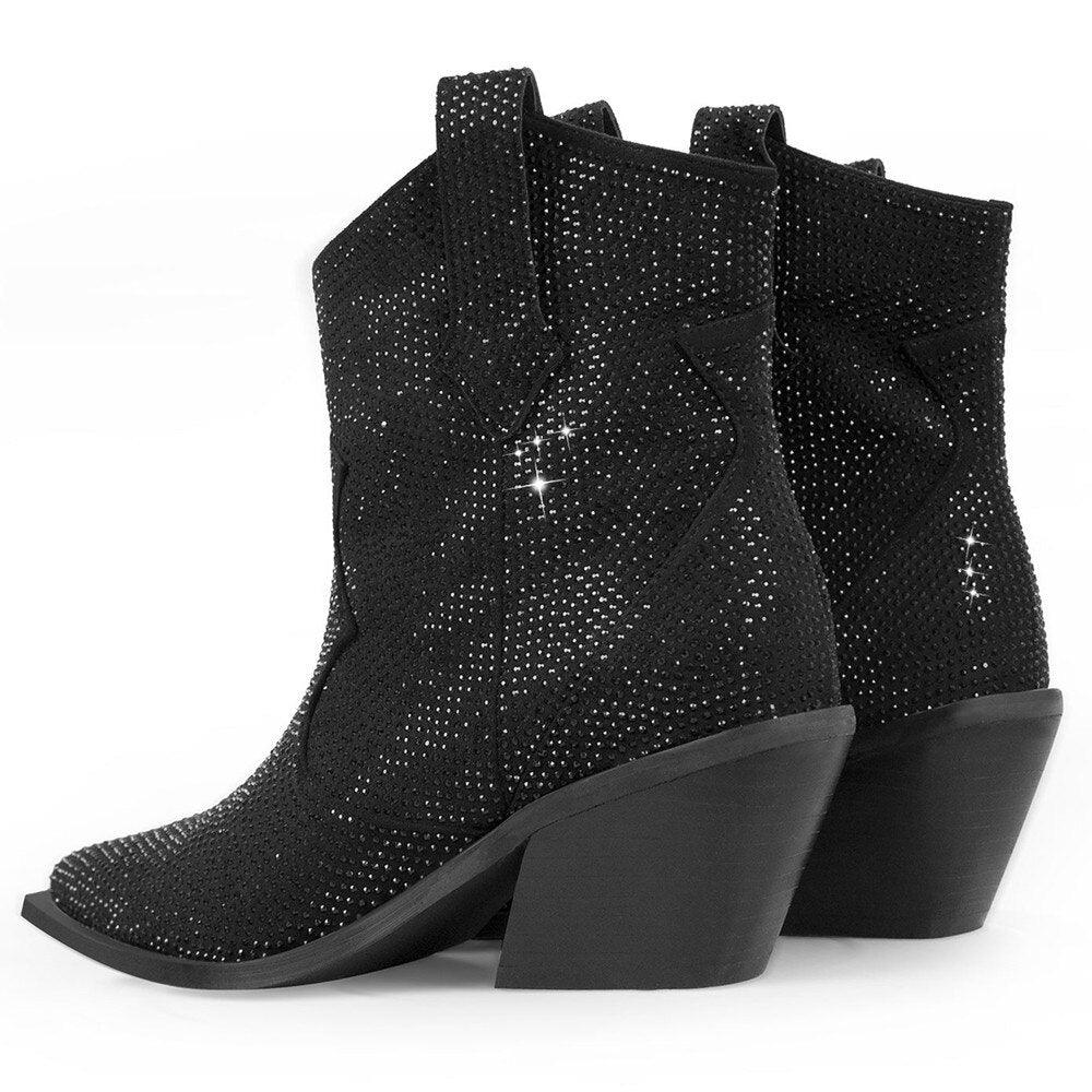 Women’s Rhinestone Encrusted Bootie Style Cowboy Boots with mid-height heel and simulated leather