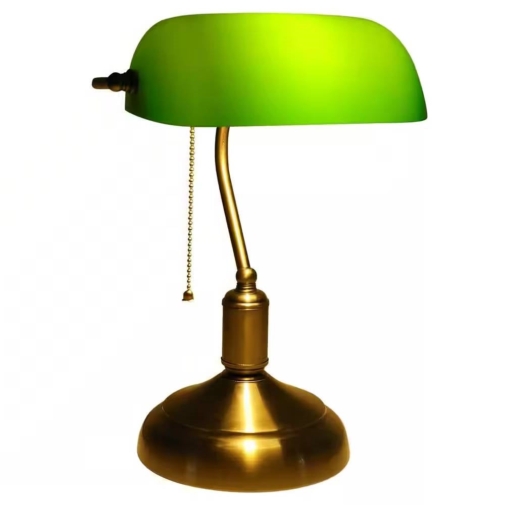 Antique Brass Bankers Lamp Desk Light Table Lamp with Green Glass Shade, vintage design with adjustable points and sturdy brass base.