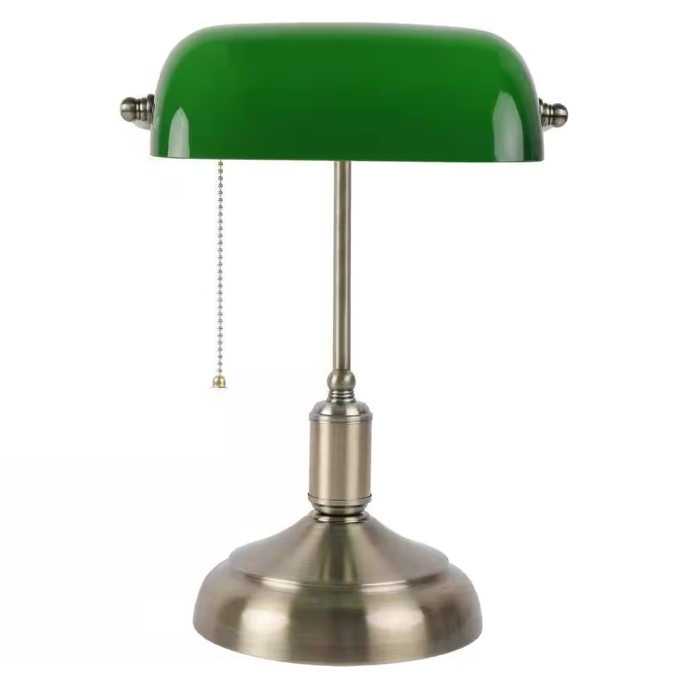 Antique Brass Bankers Lamp Desk Light Table Lamp with Green Glass Shade featuring a vintage design and stable brass construction