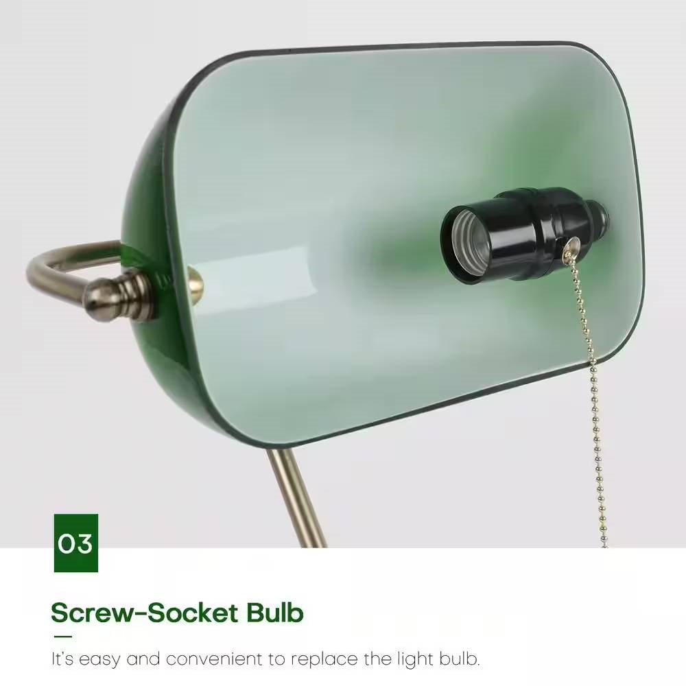 Antique Brass Bankers Lamp Desk Light Table Lamp with Green Glass Shade featuring screw-socket bulb and adjustable design.
