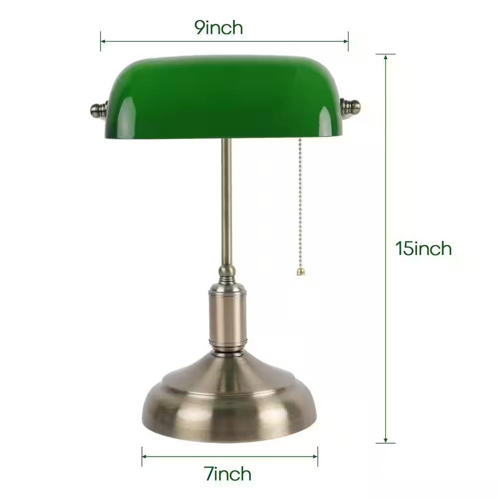Antique Brass Bankers Lamp Desk Light Table Lamp with Green Glass Shade, 15-inch height, 9-inch width, 7-inch base, measurements shown.