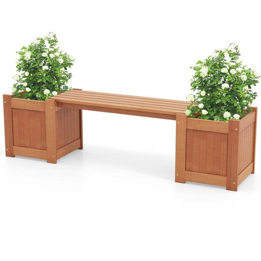 Farmhouse Durable Outdoor Wooden Planter Box with Garden Bench showcasing hardwood build and weather-resistance with green plants.