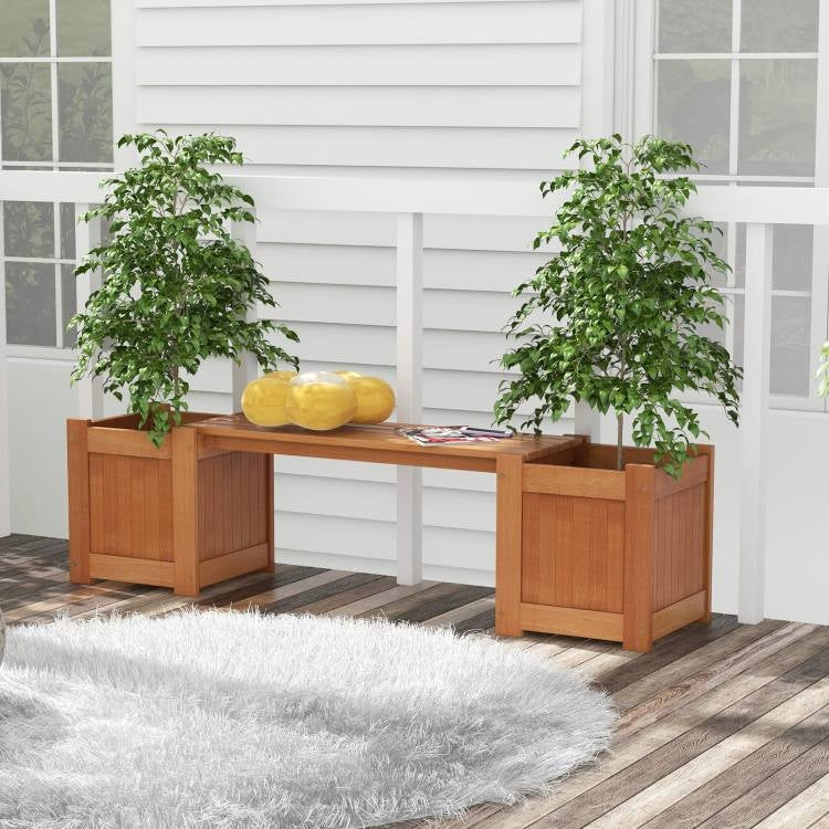 Farmhouse Durable Outdoor Wooden Planter Box with Garden Bench featuring hardwood construction and lush green plants.