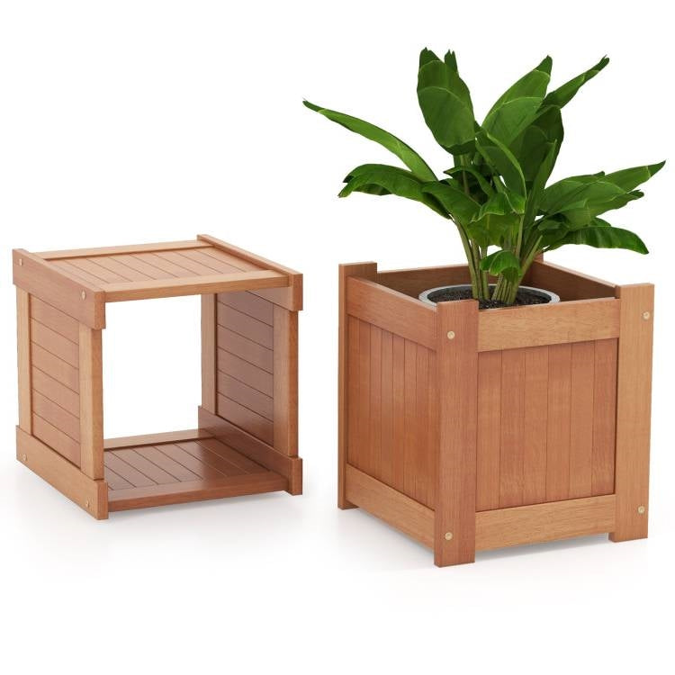Farmhouse Durable Outdoor Wooden Planter Box with Garden Bench showing planter box design with plant and hardwood material.