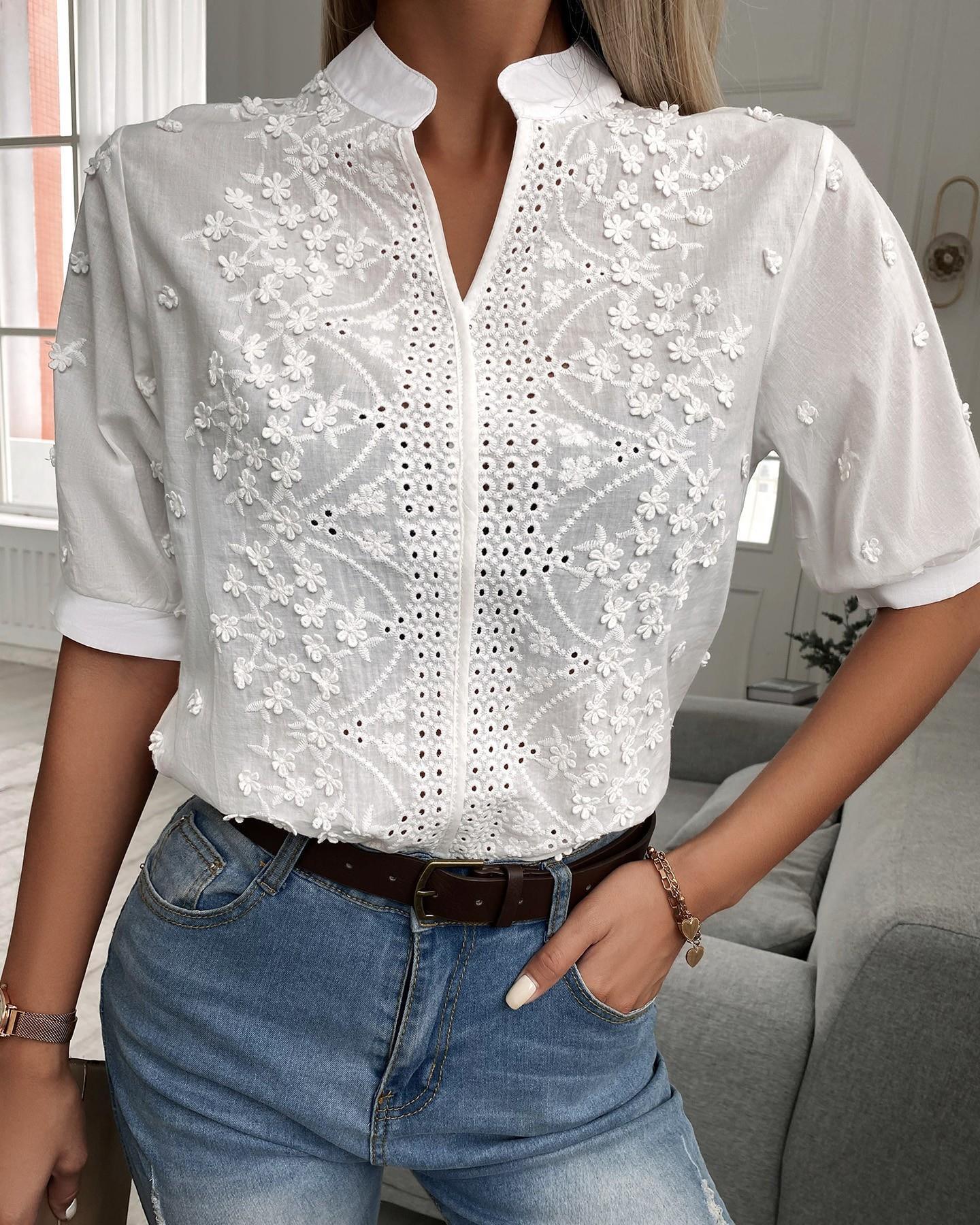 French Lace Embroidered Top - Stylish Stand Up Collar Top for Trendy Women in Acadia White with floral design and short sleeves.