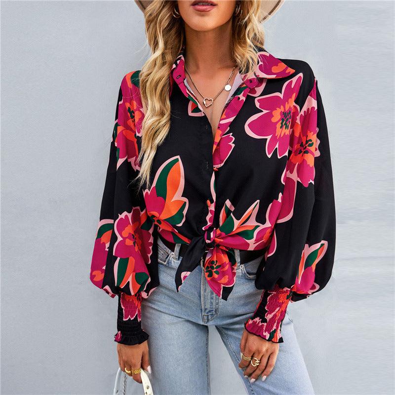 Boho Printed Lantern Sleeve Top – Relaxed Fit Casual Shirt for Country Girls with bold floral prints and turn-up collar.