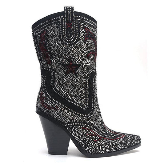 Crystal Luxe Rhinestone Boots in black with silver rhinestones and red accents, stylish mid-calf height design for a glamorous look.