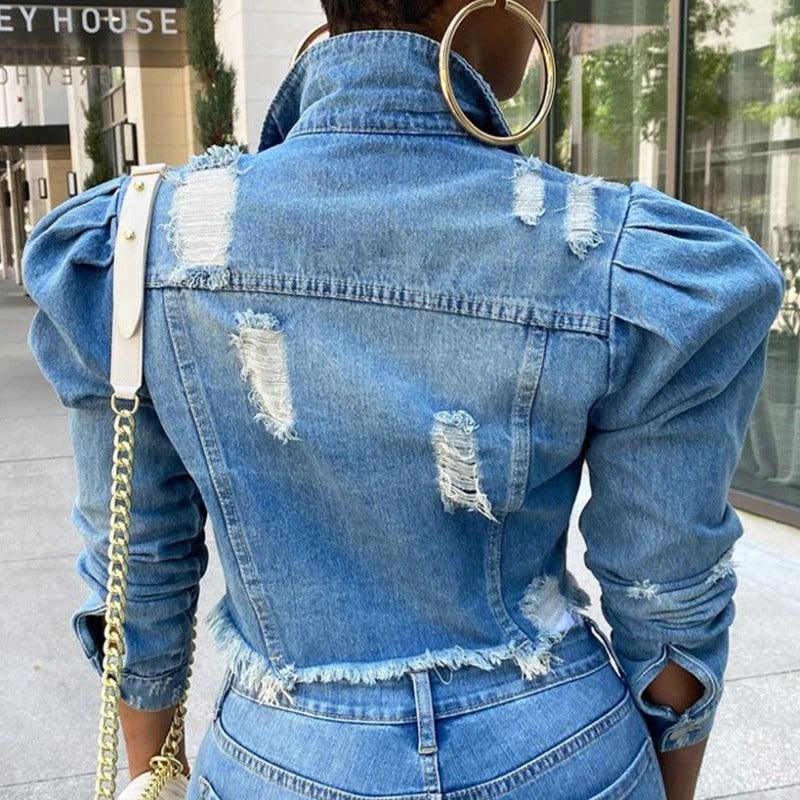 Chic Distressed Denim Puffy Sleeves Jacket – Fashionable Cropped Jean Jacket with distressed detailing and stylish puffy sleeves.