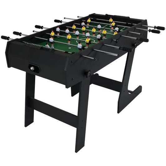 Black Foldable Space Saving 48-in. Foosball Table w/ Score Counters and 2 Balls, ideal for compact game rooms.
