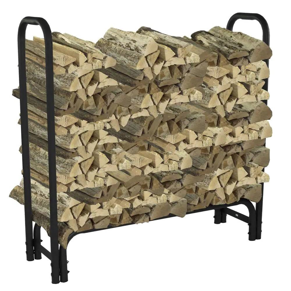 4-Ft Heavy Duty Steel Black Metal Firewood Rack - Easy to Assemble filled with stacked firewood