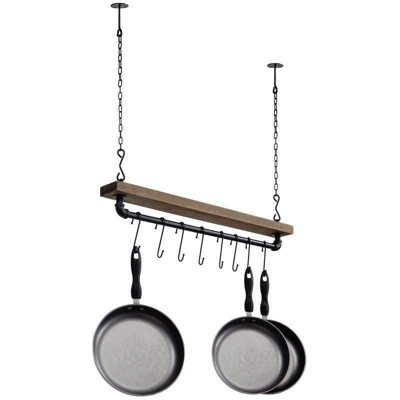 FarmHome Rustic Industrial 8 S-Hooks Ceiling Mounted Hanging Pot Rack with pots and pans displayed
