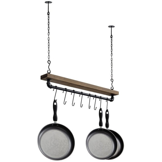 FarmHome Rustic Industrial 8 S-Hooks Ceiling Mounted Hanging Pot Rack with pots and pans displayed